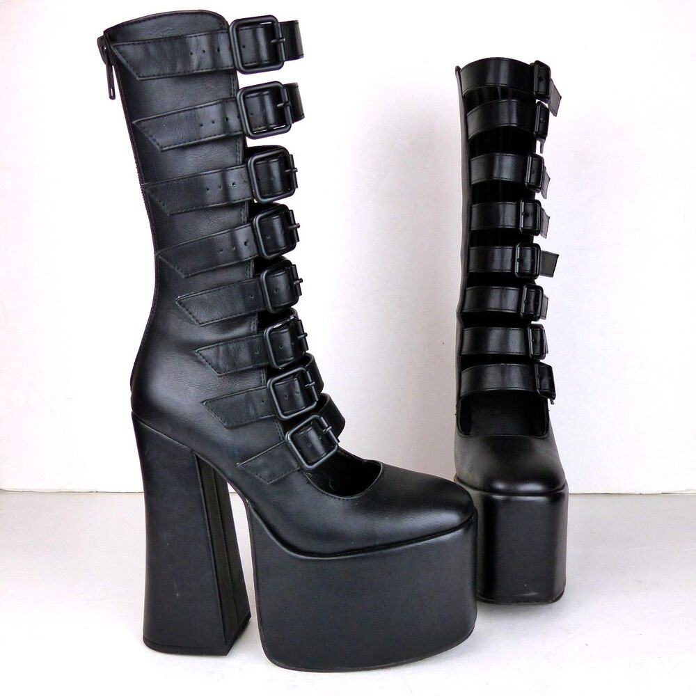 Widow Strappy Buckle Boots 6M Black Vegan Leather Gone Haywire Platform Gothic - Picture 4 of 16